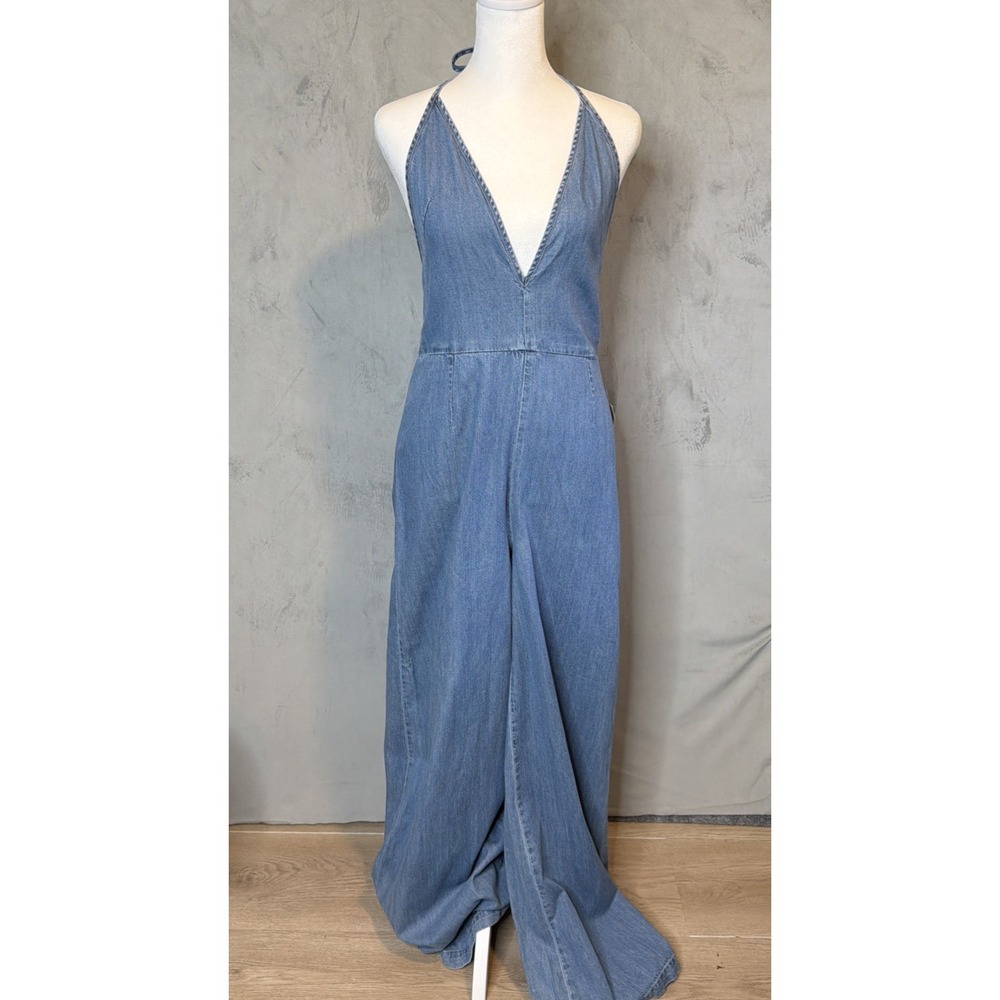 Free People Sea Breeze Blue Halter Wide Leg Jumpsuit Women's S NWT Lyocell